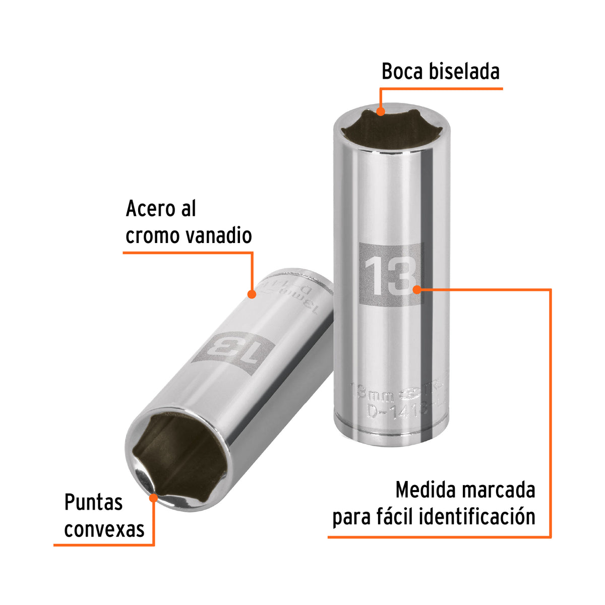 DADO LARGO DE 13 MM, 6 PUNTAS, CUADRO 1/4'', TRUPER 13207 P