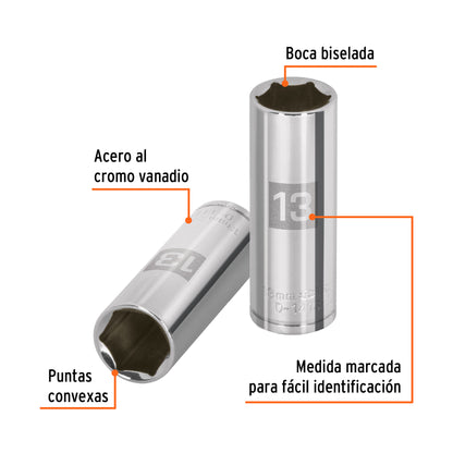 DADO LARGO DE 13 MM, 6 PUNTAS, CUADRO 1/4'', TRUPER 13207 P