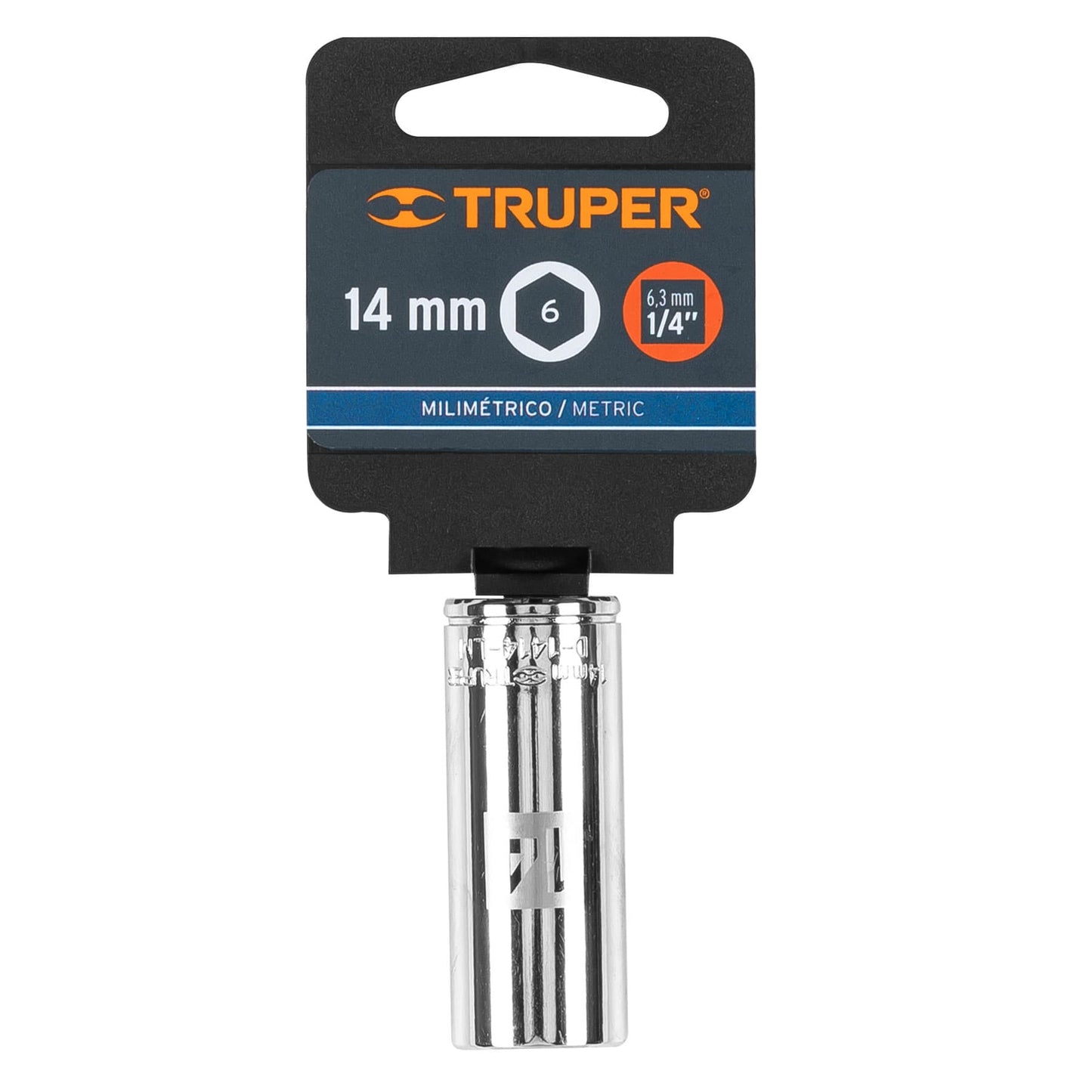 DADO LARGO DE 14 MM, 6 PUNTAS, CUADRO 1/4'', TRUPER 13208 P