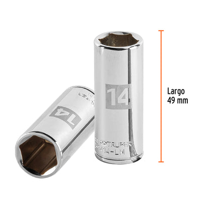 DADO LARGO DE 14 MM, 6 PUNTAS, CUADRO 1/4'', TRUPER 13208 P