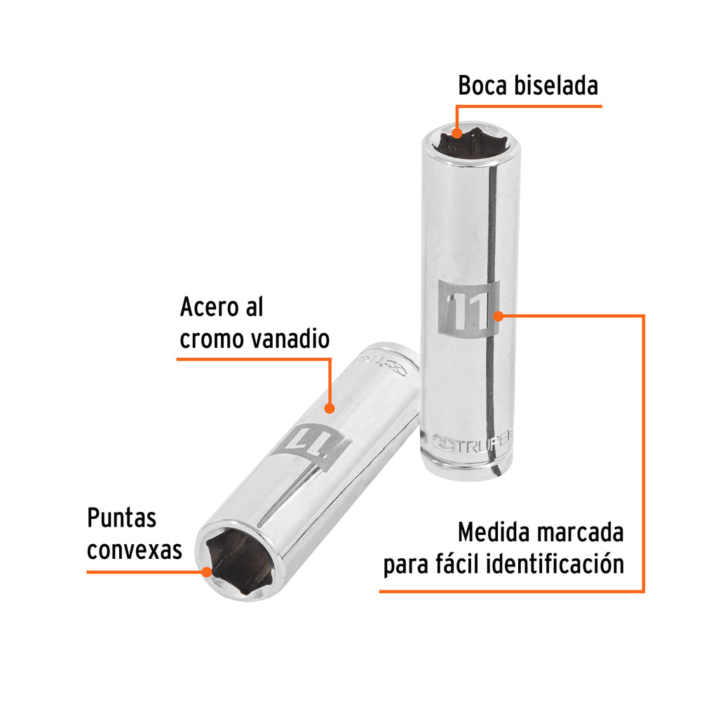 DADO LARGO DE 11 MM, 6 PUNTAS, CUADRO 3/8'', TRUPER 13771 P