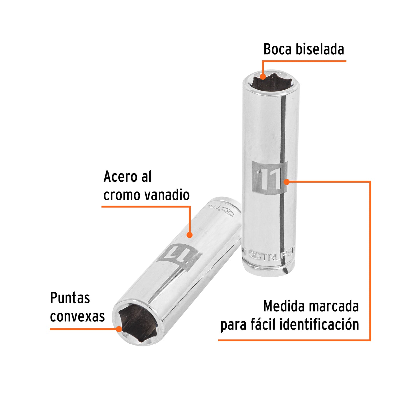DADO LARGO DE 11 MM, 6 PUNTAS, CUADRO 3/8'', TRUPER 13771 P