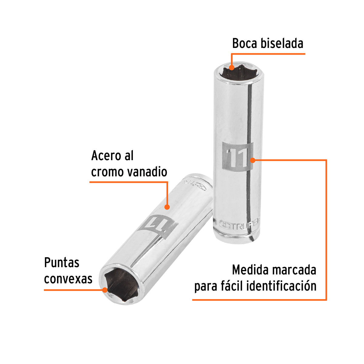 DADO LARGO DE 11 MM, 6 PUNTAS, CUADRO 3/8'', TRUPER 13771 P