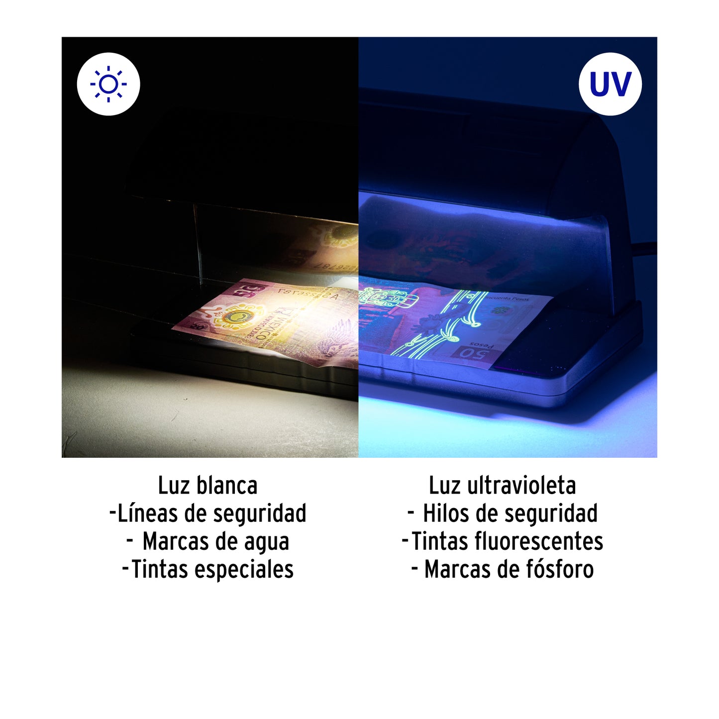 DETECTOR DE BILLETES FALSOS CON DOBLE LÁMPARA, VOLTECK 45675 *