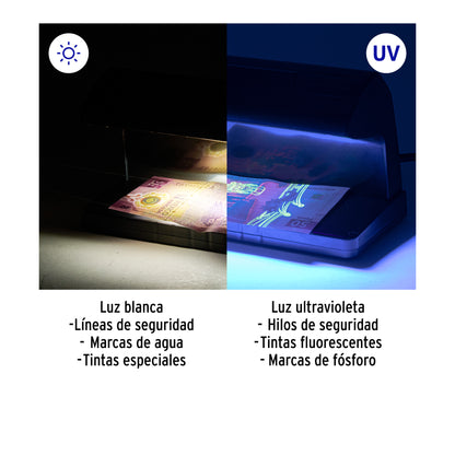 DETECTOR DE BILLETES FALSOS CON DOBLE LÁMPARA, VOLTECK 45675 *