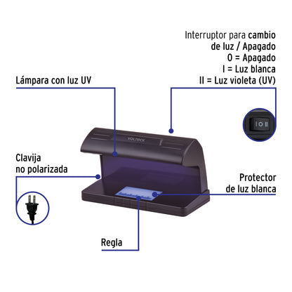 DETECTOR DE BILLETES FALSOS CON DOBLE LÁMPARA, VOLTECK 45675 *