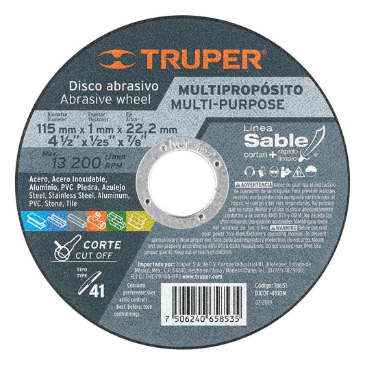 DISCO TIPO 41 DE 4-1/2'' X 1MM CORTE MULTIMATERIAL, SABLE 18651 *