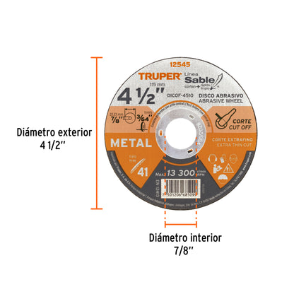 DISCO CORTE DE METAL 4-1/2'', 1MM 12545 *