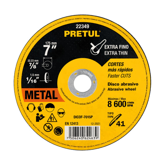 DISCO TIPO 41 DE 7" X 1.5 MM CORTE FINO DE METAL, PRETUL 22349 P