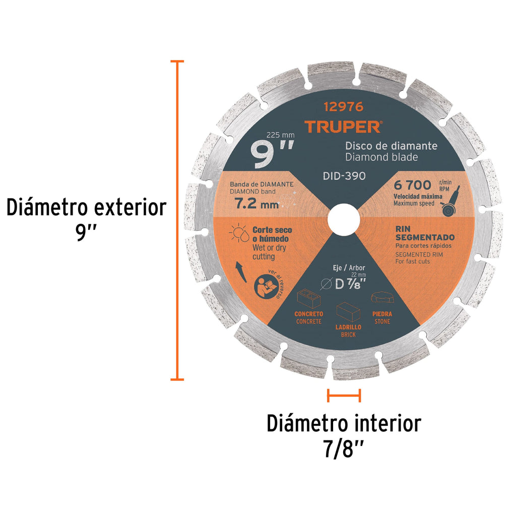 DISCO DE DIAMANTE DE 9" X 2.7 MM, RIN SEGMENTADO, TRUPER 12976 *
