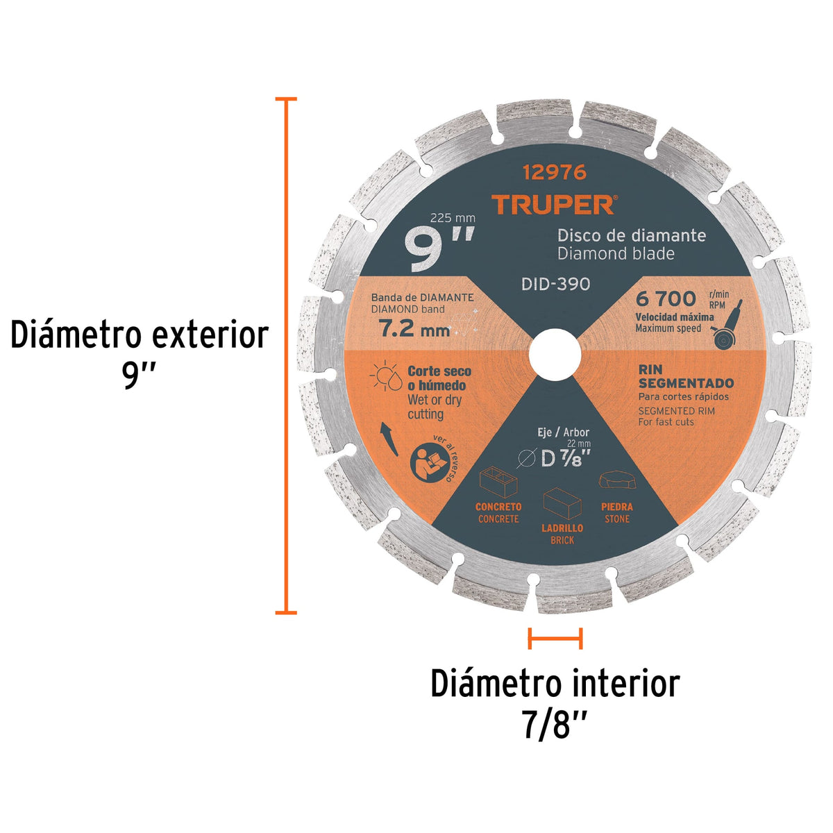 DISCO DE DIAMANTE DE 9" X 2.7 MM, RIN SEGMENTADO, TRUPER 12976 *