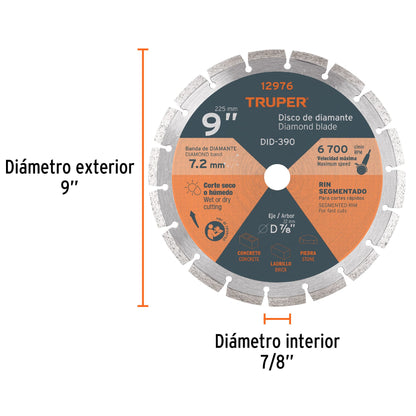 DISCO DE DIAMANTE DE 9" X 2.7 MM, RIN SEGMENTADO, TRUPER 12976 *