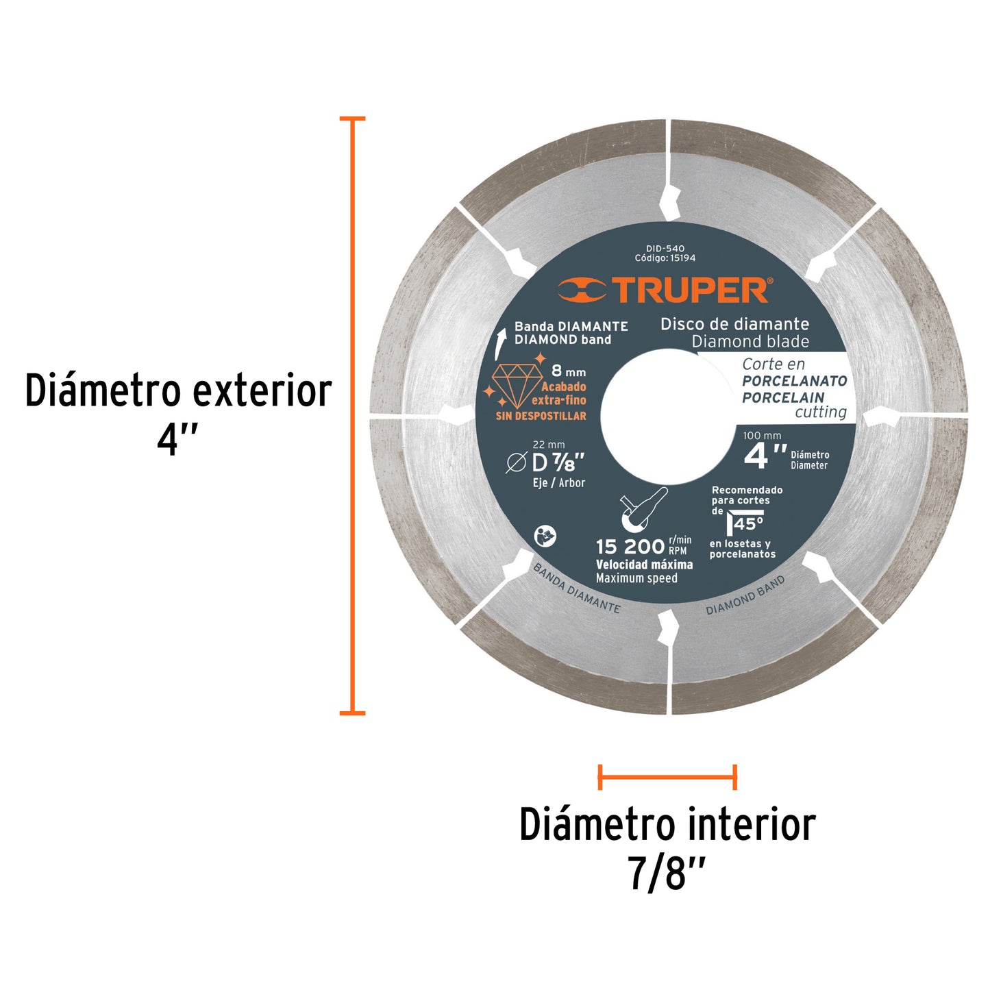 DISCO DE DIAMANTE DE 4'' X 1.35MM CORTE DE PORCELANATO 15194 *
