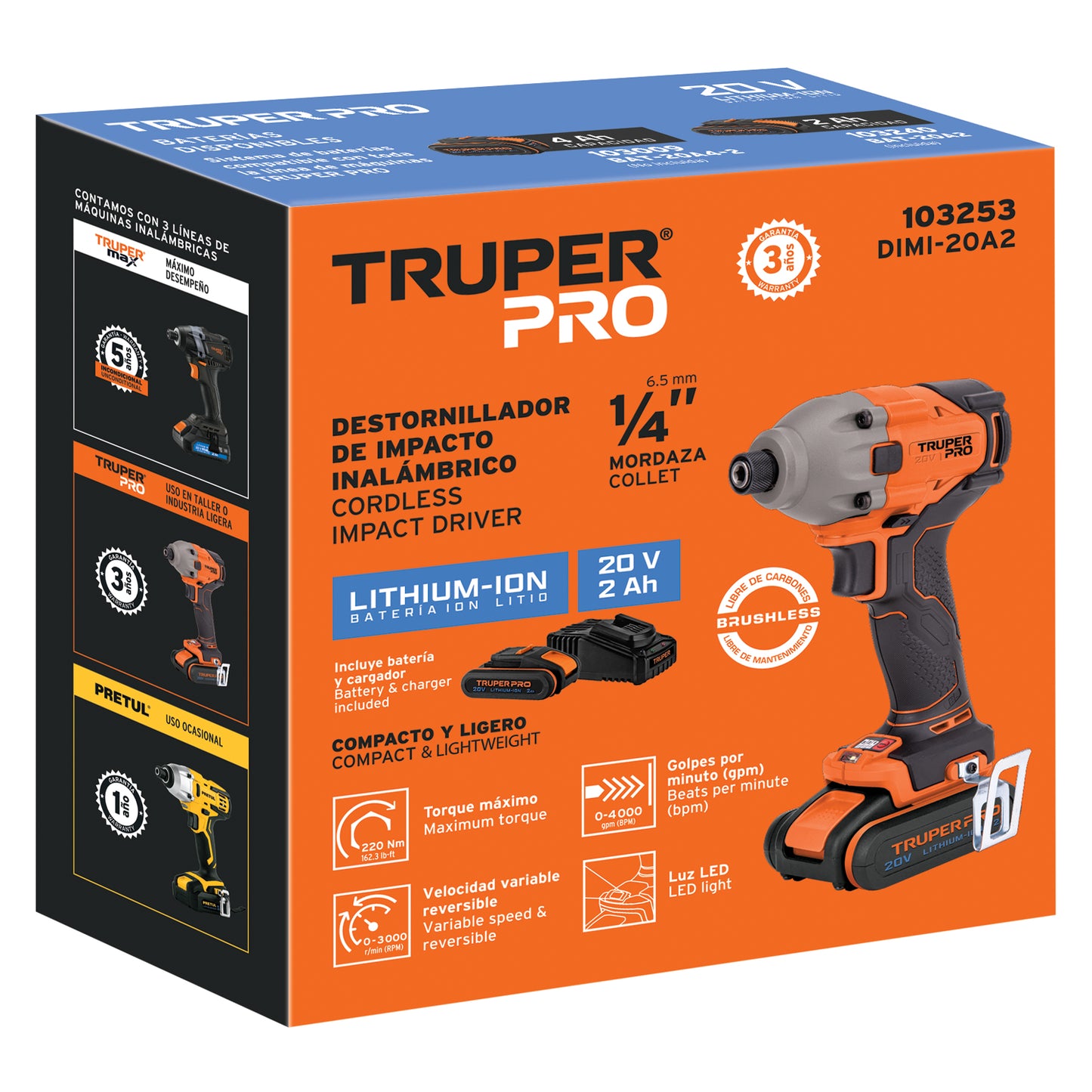 DESTORNILLADOR IMPACTO INALAMBRICO 1/4'', 20 V TRUPER PRO 103253 *