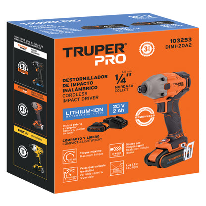DESTORNILLADOR IMPACTO INALAMBRICO 1/4'', 20 V TRUPER PRO 103253 *