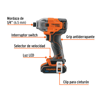 DESTORNILLADOR IMPACTO INALAMBRICO 1/4'', 20 V TRUPER PRO 103253 *