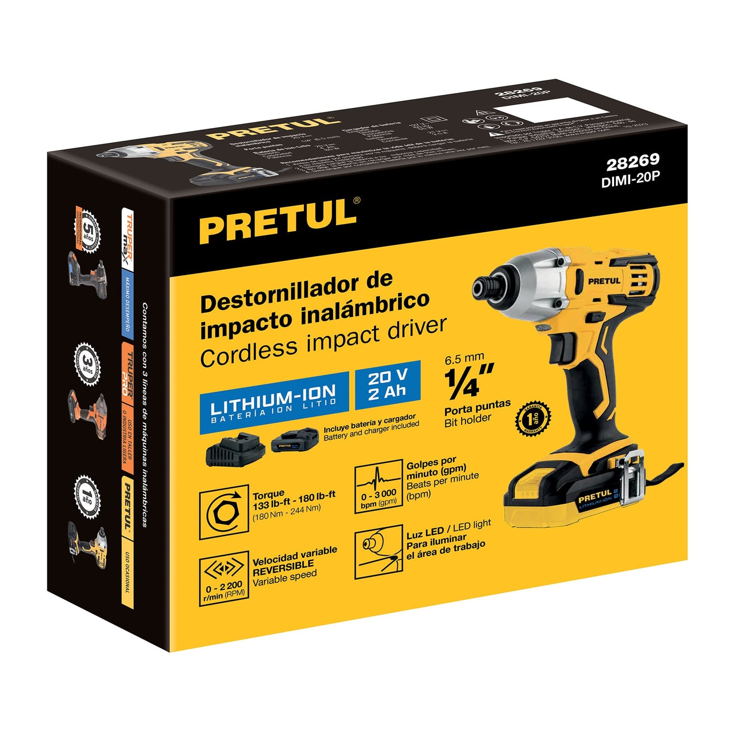 DESTORNILLADOR DE IMPACTO INALÁMBRICO 1/4', 20 V, PRETUL 28269 *