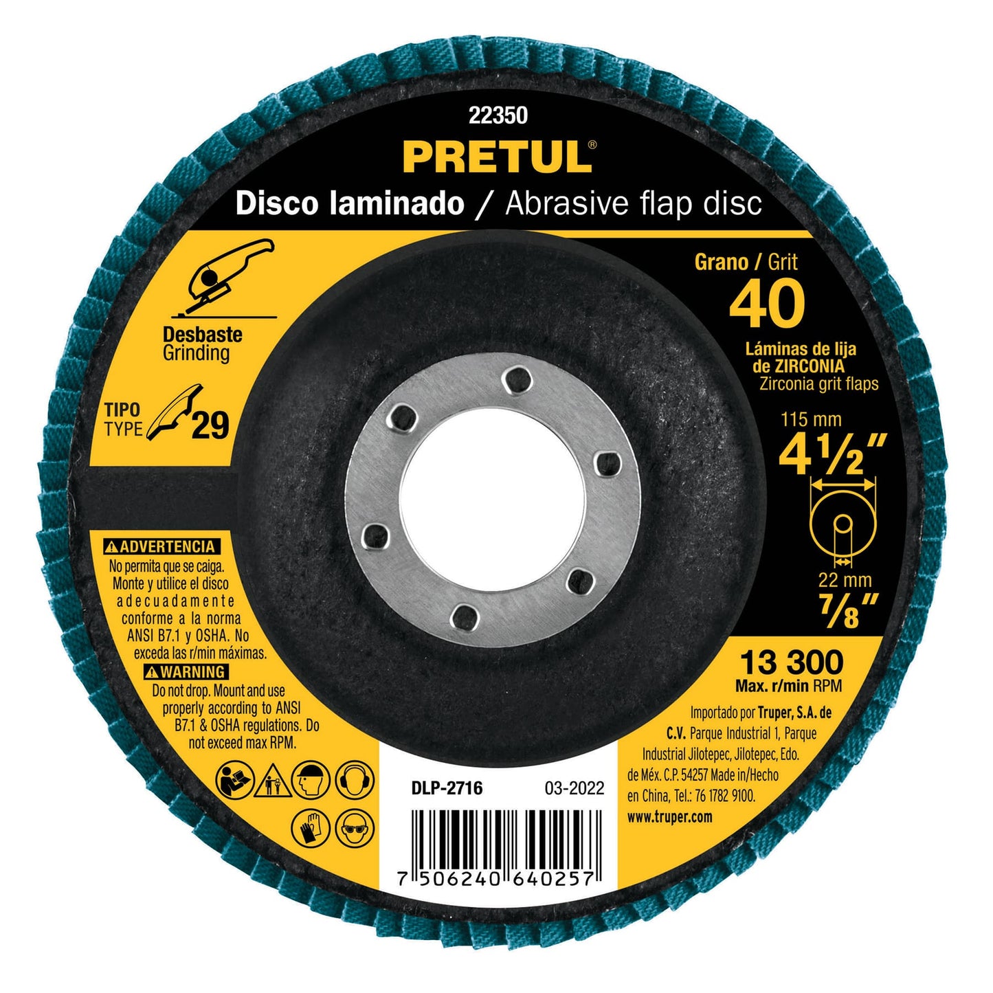 DISCO 4-1/2'' LAMINADO GRANO 40 CENTRO 7/8'', PRETUL 22350 *