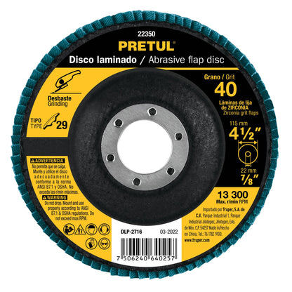 DISCO 4-1/2'' LAMINADO GRANO 40 CENTRO 7/8'', PRETUL 22350 *