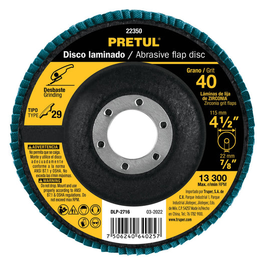 DISCO 4-1/2'' LAMINADO GRANO 40 CENTRO 7/8'', PRETUL 22350 *