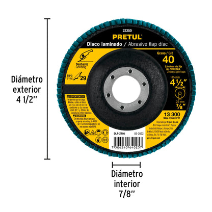 DISCO 4-1/2'' LAMINADO GRANO 40 CENTRO 7/8'', PRETUL 22350 *