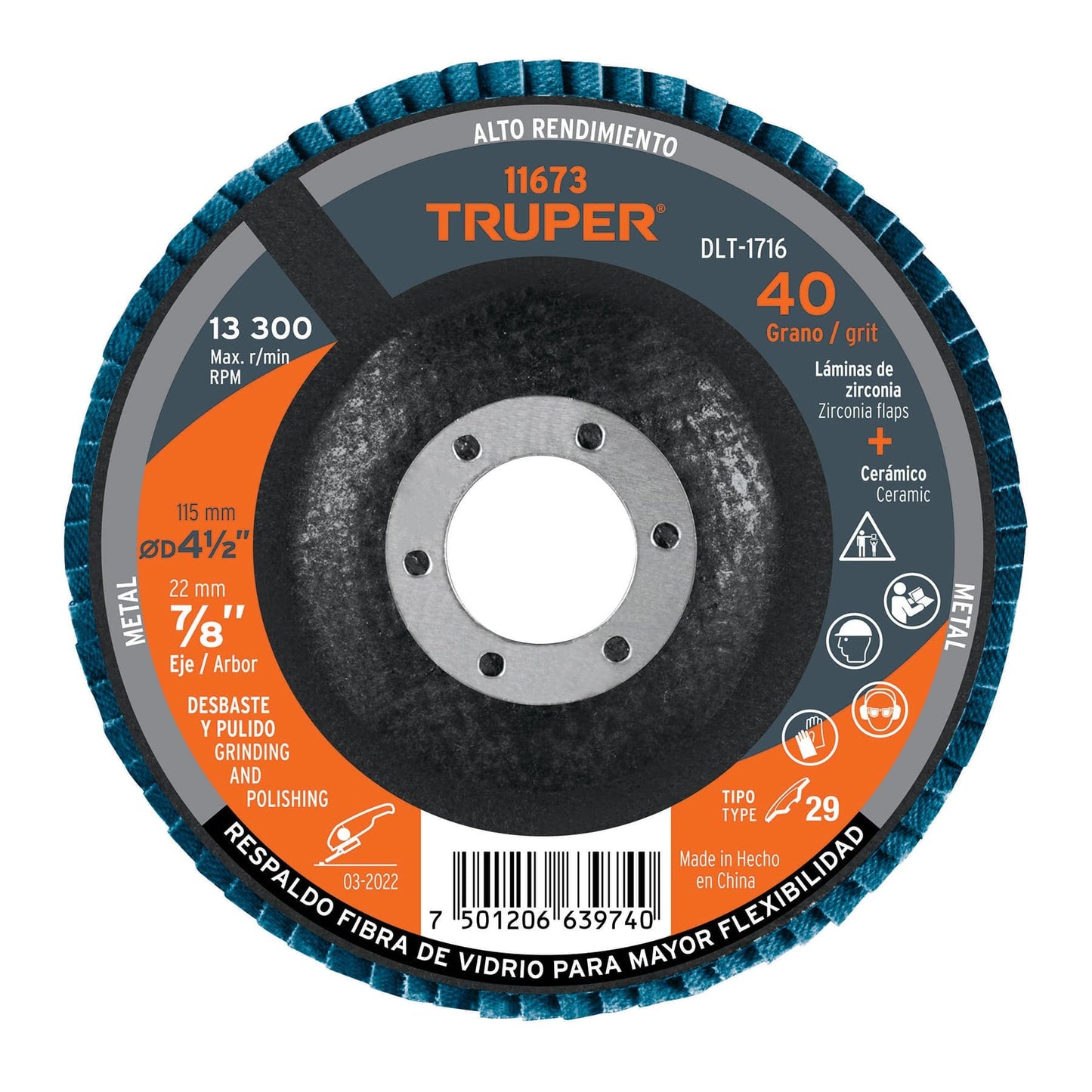 DISCO 4-1/2'' LAMINADO GRANO 40 CENTRO 7/8'', TRUPER 11673 P