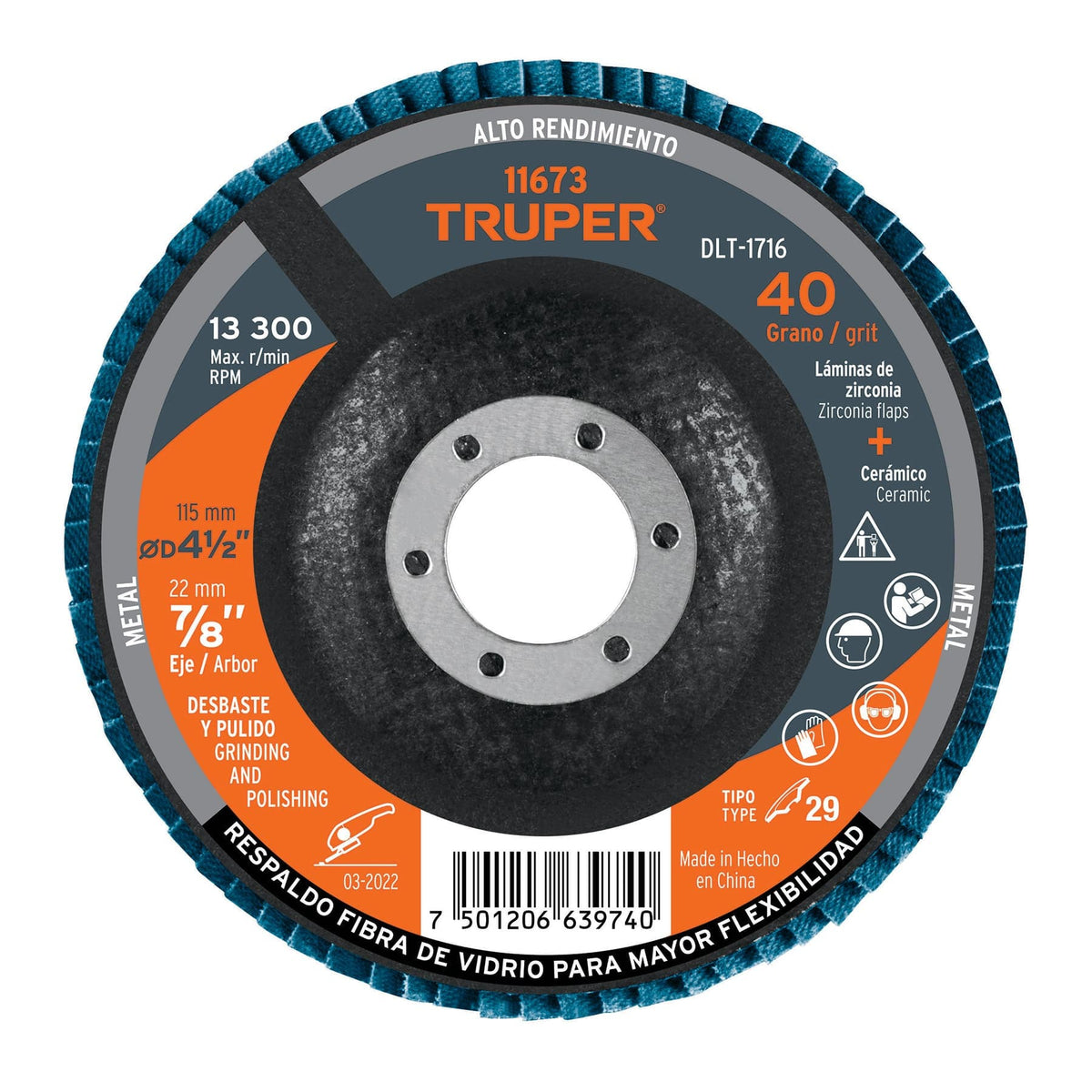 DISCO 4-1/2'' LAMINADO GRANO 40 CENTRO 7/8'', TRUPER 11673 P