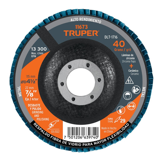 DISCO 4-1/2'' LAMINADO GRANO 40 CENTRO 7/8'', TRUPER 11673 P