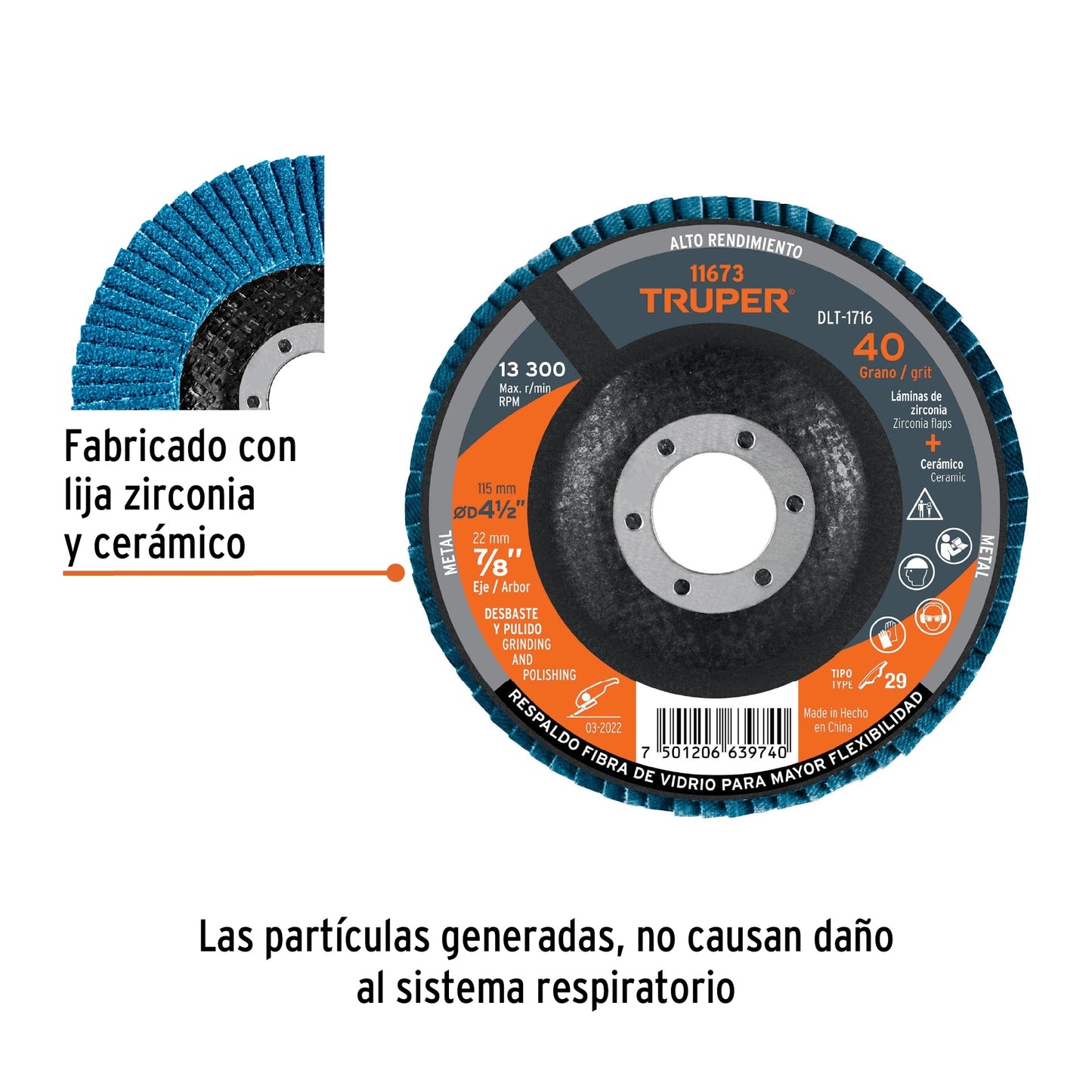 DISCO 4-1/2'' LAMINADO GRANO 40 CENTRO 7/8'', TRUPER 11673 P