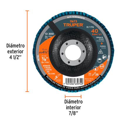 DISCO 4-1/2'' LAMINADO GRANO 40 CENTRO 7/8'', TRUPER 11673 P