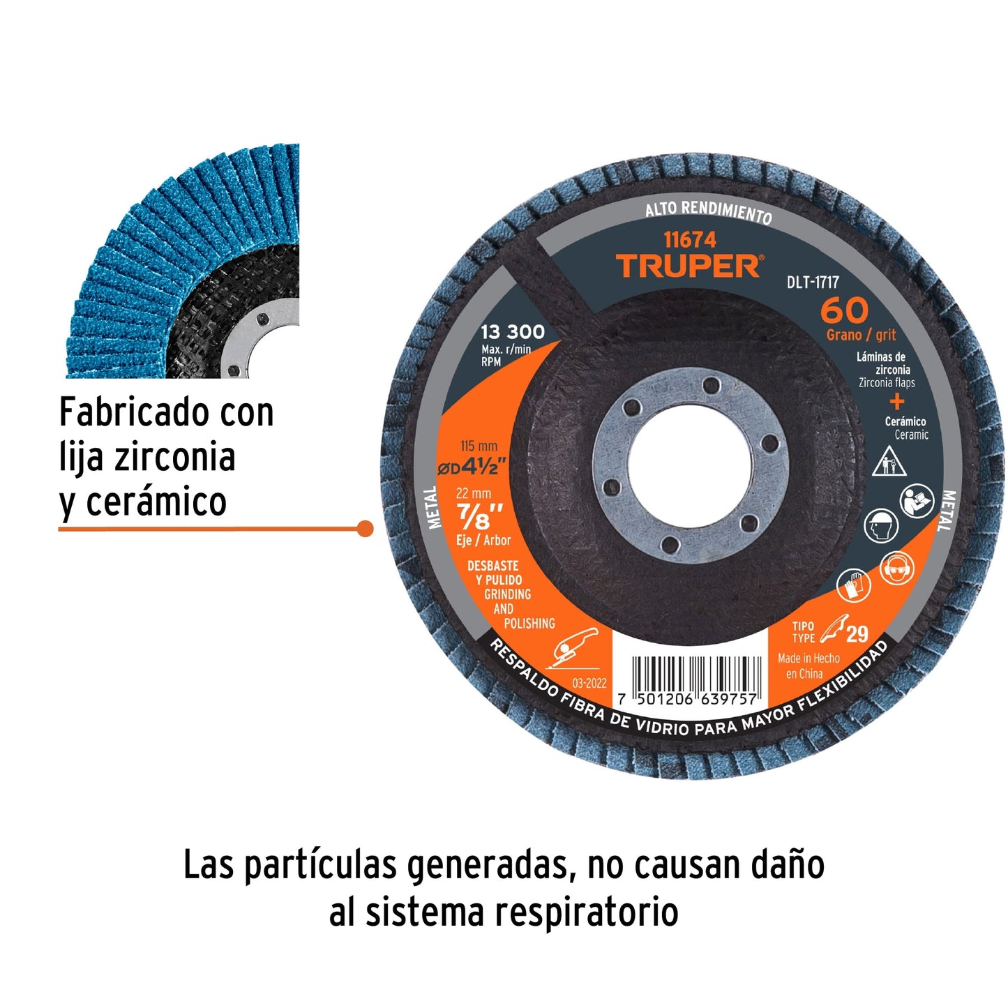 DISCO 4-1/2'' LAMINADO GRANO 60 CENTRO 7/8'', TRUPER 11674 *