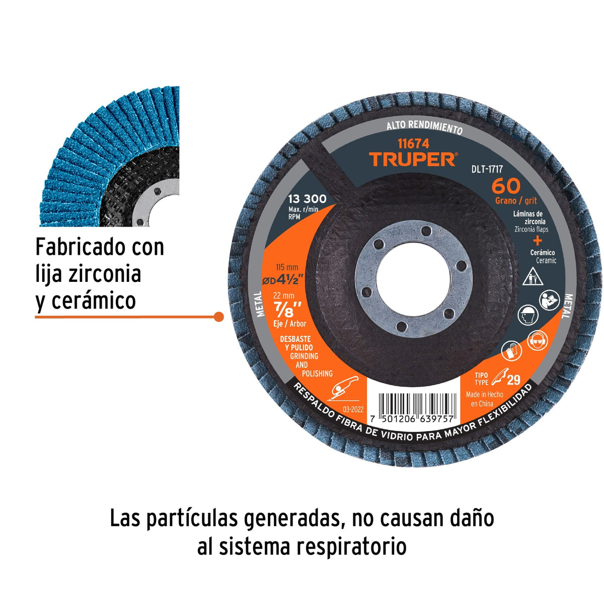 DISCO 4-1/2'' LAMINADO GRANO 60 CENTRO 7/8'', TRUPER 11674 *