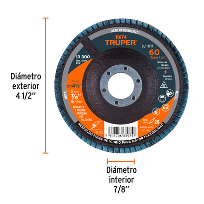 DISCO 4-1/2'' LAMINADO GRANO 60 CENTRO 7/8'', TRUPER 11674 *