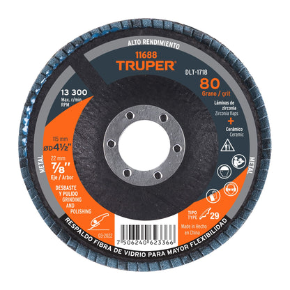 DISCO 4-1/2'', LAMINADO GRANO 80 CENTRO 7/8'', TRUPER 11688 P