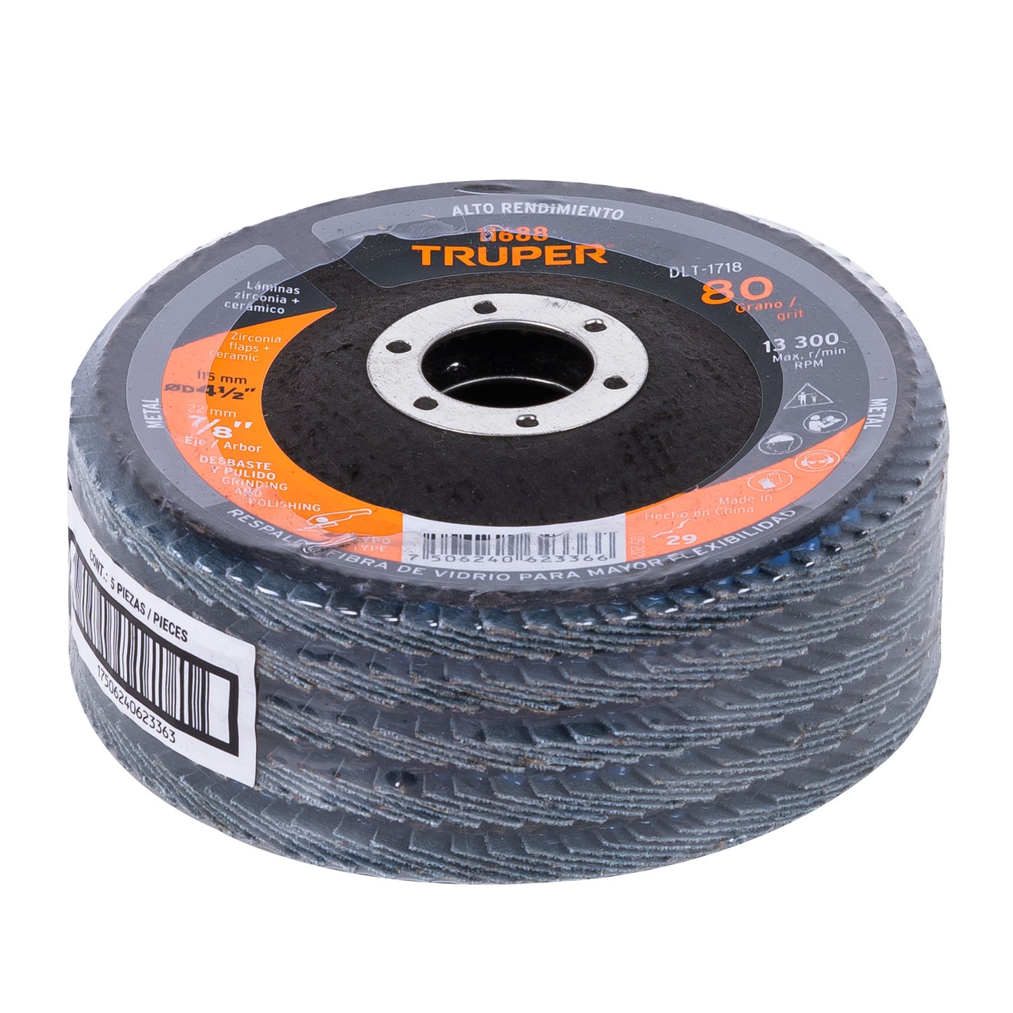 DISCO 4-1/2'', LAMINADO GRANO 80 CENTRO 7/8'', TRUPER 11688 P