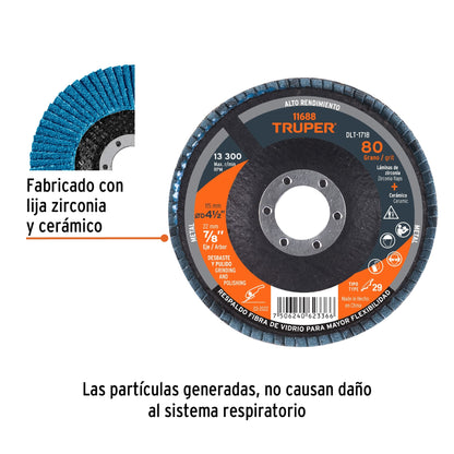 DISCO 4-1/2'', LAMINADO GRANO 80 CENTRO 7/8'', TRUPER 11688 P