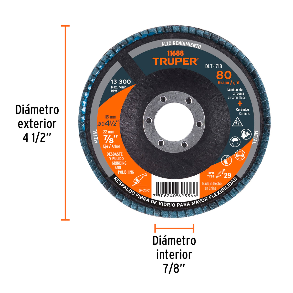 DISCO 4-1/2'', LAMINADO GRANO 80 CENTRO 7/8'', TRUPER 11688 P