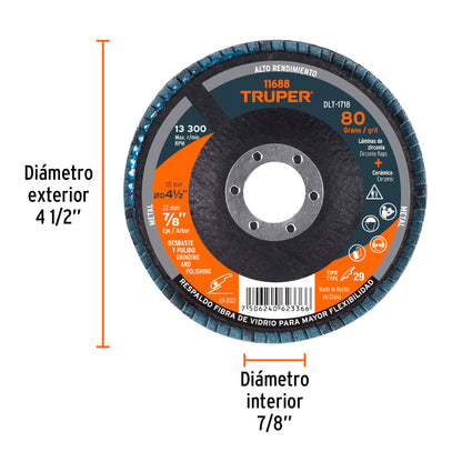 DISCO 4-1/2'', LAMINADO GRANO 80 CENTRO 7/8'', TRUPER 11688 P