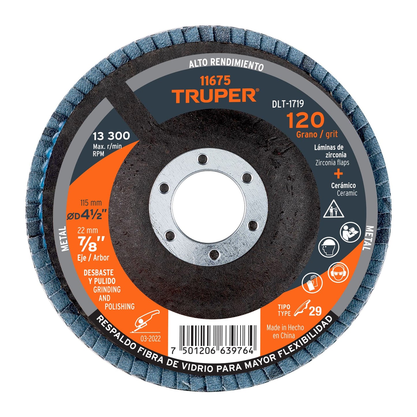 DISCO 4-1/2'' LAMINADO GRANO 120 CENTRO 7/8'', TRUPER 11675 *