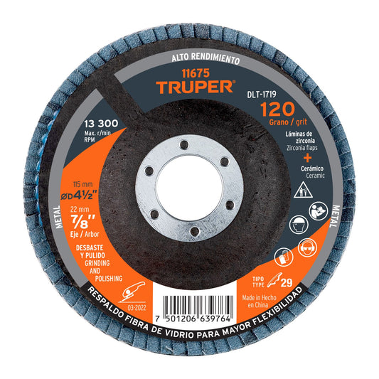 DISCO 4-1/2'' LAMINADO GRANO 120 CENTRO 7/8'', TRUPER 11675 *