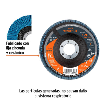 DISCO 4-1/2'' LAMINADO GRANO 120 CENTRO 7/8'', TRUPER 11675 *