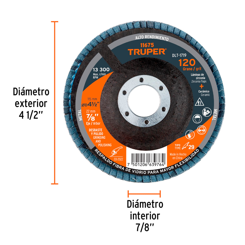 DISCO 4-1/2'' LAMINADO GRANO 120 CENTRO 7/8'', TRUPER 11675 *