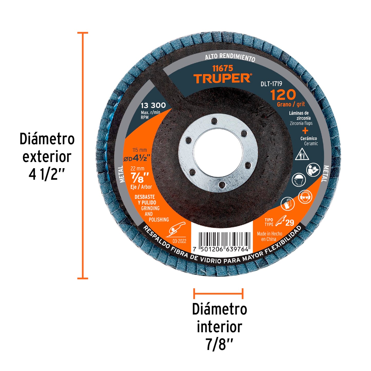 DISCO 4-1/2'' LAMINADO GRANO 120 CENTRO 7/8'', TRUPER 11675 *