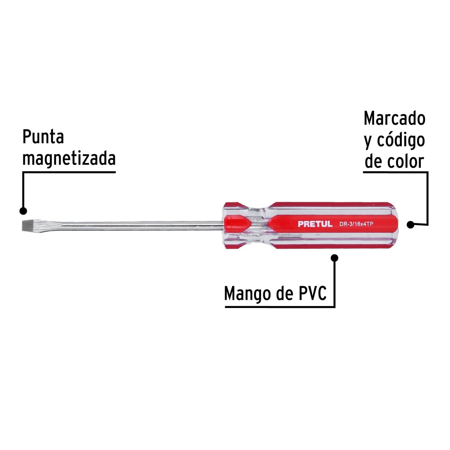 DESARMADOR PLANO 3/16 X 4'' MANGO DE PVC, PRETUL 21458 *