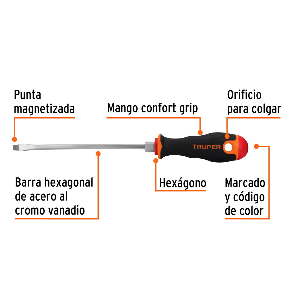 DESARMADOR PLANO 3/16'' X 6'' MANGO COMFORT GRIP, TRUPER 100832 P