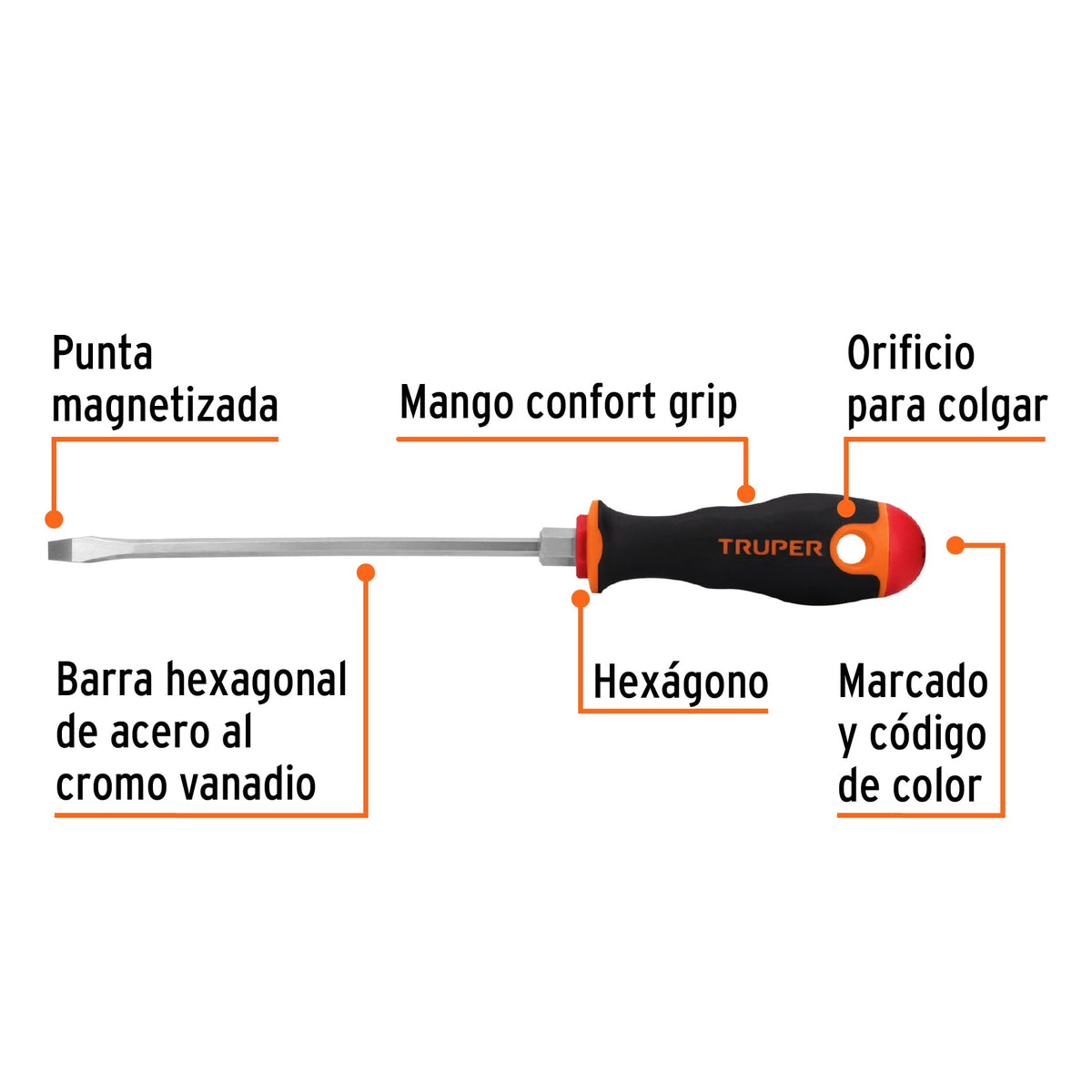 DESARMADOR PLANO 3/16'' X 6'' MANGO COMFORT GRIP, TRUPER 100832 P