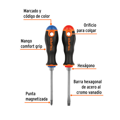 DÚO DE DESARMADORES 1/4" x 4" MANGO COMFORT GRIP, TRUPER 19622 *