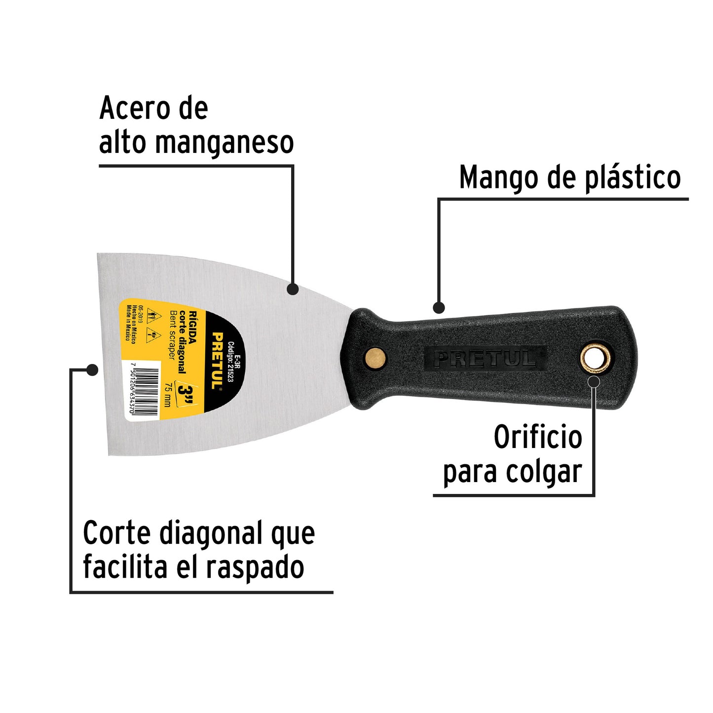 ESPÁTULA RÍGIDA 3'' CON MANGO DE PLÁSTICO, PRETUL 21523 *