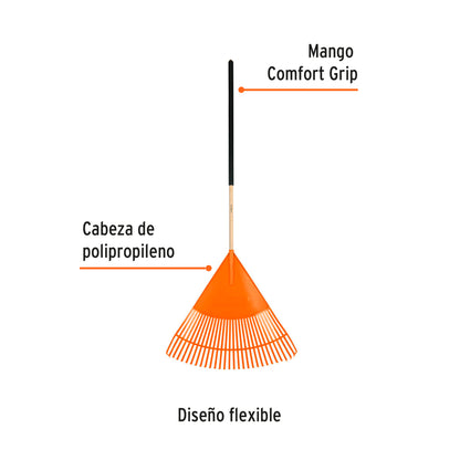 ESCOBA PLÁSTICA FLEXIBLE PARA JARDÍN, 30 DIENTES, MANGO 48'' 19065 P