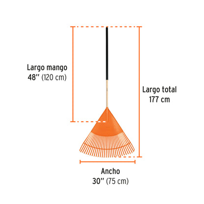 ESCOBA PLÁSTICA FLEXIBLE PARA JARDÍN, 30 DIENTES, MANGO 48'' 19065 P